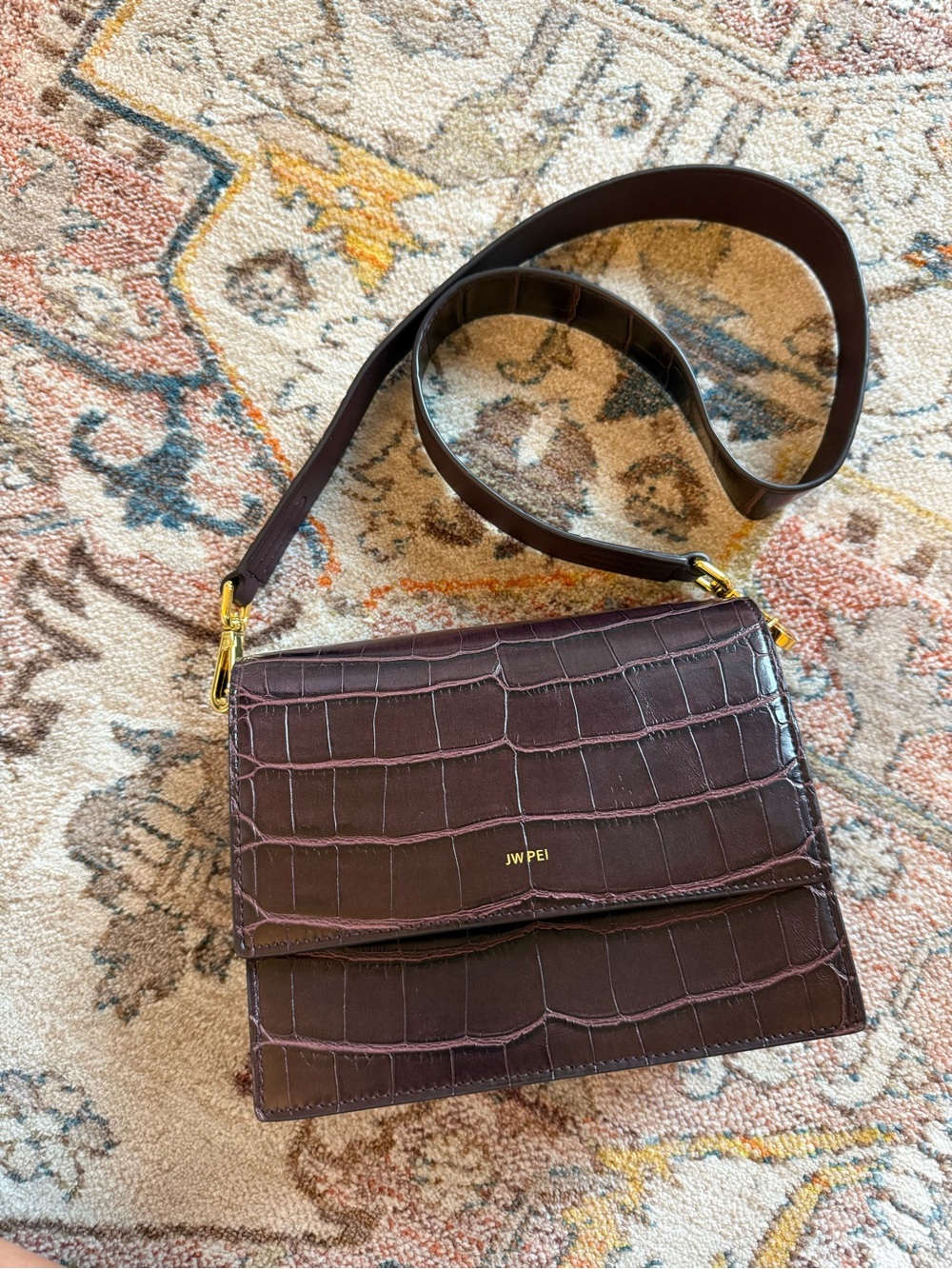 JW PEI Croc- mini flap Crossbody Bag in Dark Brown with Gold Hardware